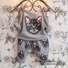 Retail 2016 Spring style Infant clothes Clothing sets Cotton Cute Cat 2pcs Full Sleeve Pants Baby