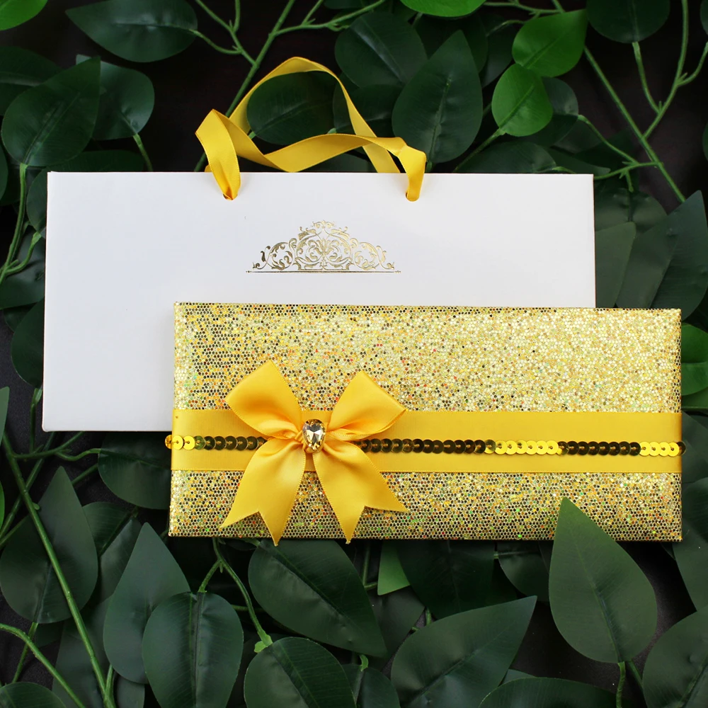 

Gold Handmade Luxurious Folder wallet Wedding Invitation Card Glitter birthday Invitation with Customer Logo Hand bag