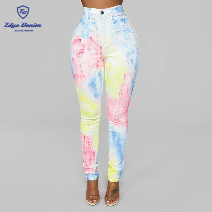 

Fashion color jeans women printed trousers girls skinny denim softener long pants