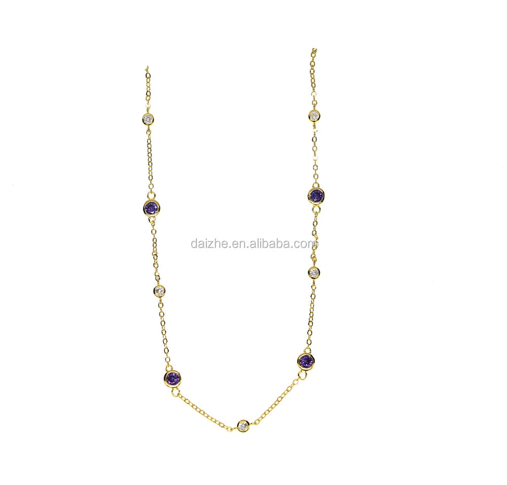 

2021 purple cz link chain fashion jewelry 18k gold plated dainty cz chain necklace