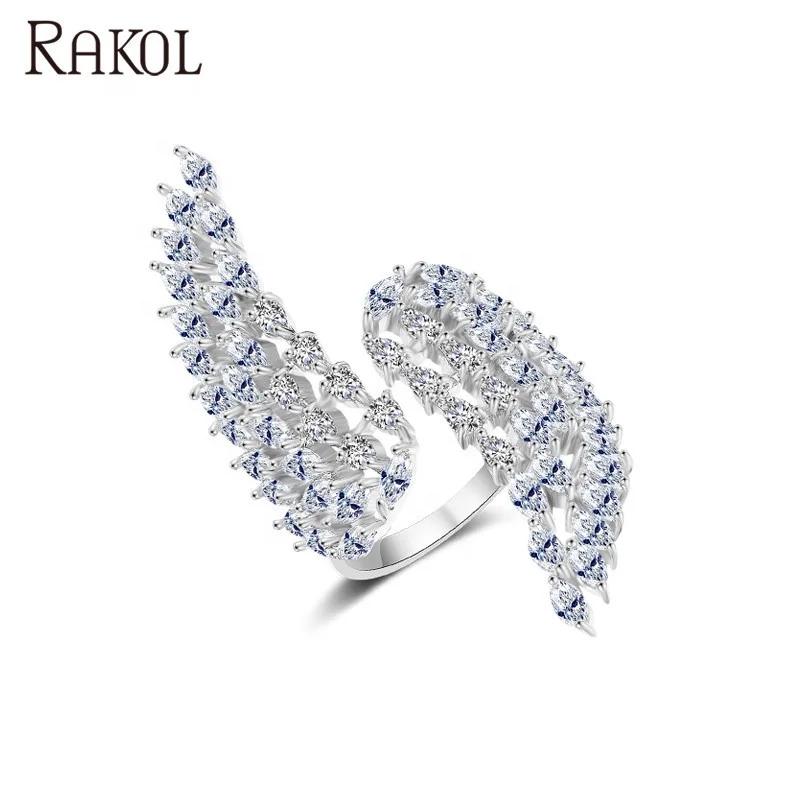 

RAKOL fashion crystal zircon wing shape open diamond ring for women R190, As picture