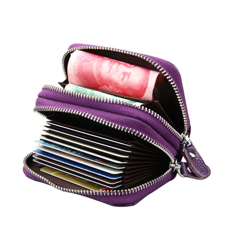 

RFID Blocking Credit Card Holders Organizer Case Genuine Leather Double Zip Card Wallet, Black,brown,yellow,green,orange,red,hot pink,purple,blue
