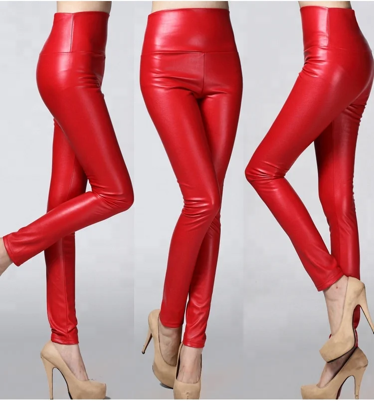 ladies red leather pants