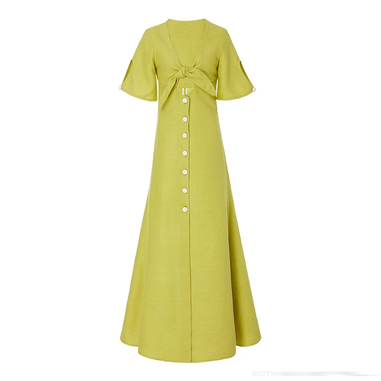 

New Arrival 2019 Short Sleeve Linen Dress Women Long Dress, Yellow;blue