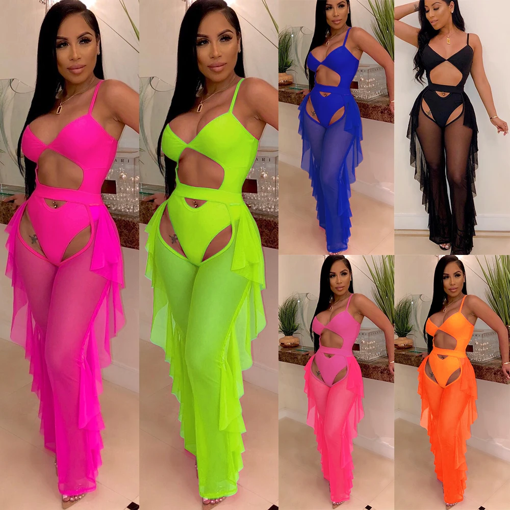 

Wholesale women latest sexy mesh see through bodysuit and pants two piece set club wear with ruffles SG018