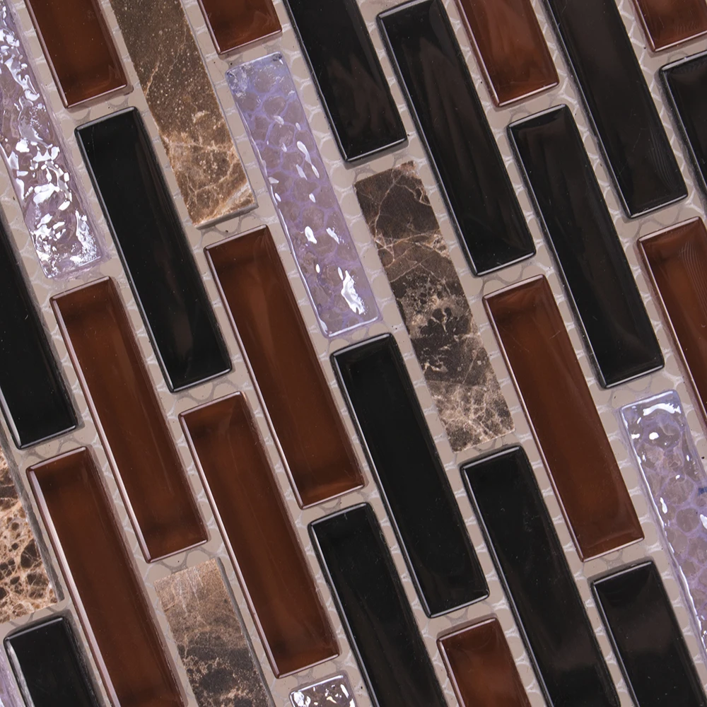 Black Red Glass Mix Electroplate and Marble Stone Random Brick Mosaic Tile