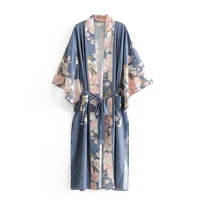 

Bohemian style long sleeve floral printed women kimono cardigan outwear beach clothing