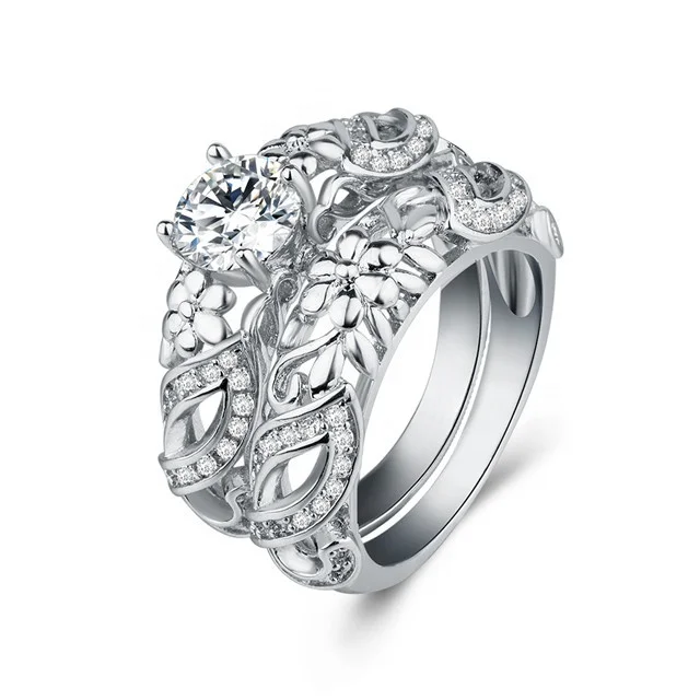 

Silver Color Couple Flower Ring Bridal Set for Women with Zircon Surround Jewelry