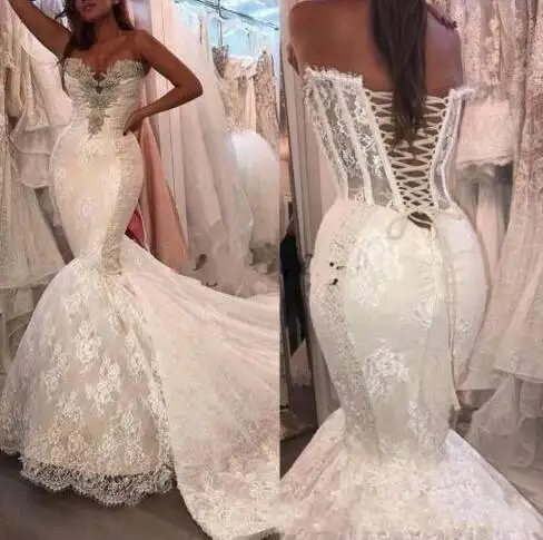 

ZH3967G Sexy Sweetheart Mermaid Wedding Dresses Lace Crystal Beaded Wedding Dress Chapel Train Bridal Gowns Vestidos De Novia, White;ivory