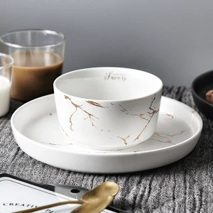 Image of home goods porcelain dishes ceramic plate and bowl set white/black for dining