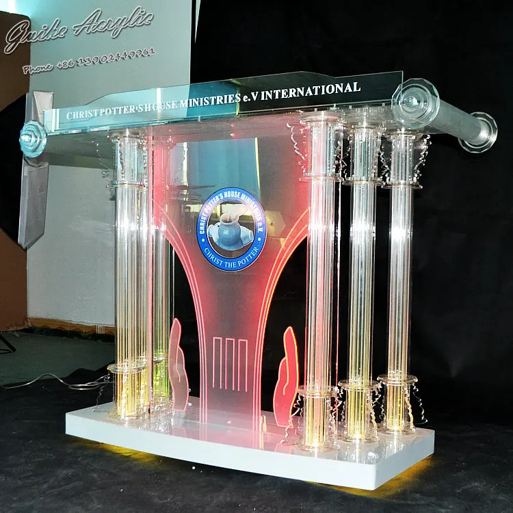 

Church Pulpit Customized Logo With Led Light Factory Cheap Price Acrylic Glass Podium, Transparent
