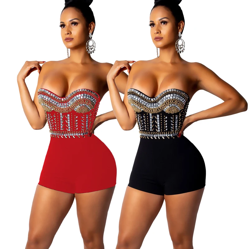 

FM-CY8042 Sexy Off shoulder Backless Jumpsuits Tight Short Pants Shinny Suits