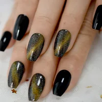 

Galaxy Fake Nails Cat Eye Polish Gel Cover Gold Night Sky Coffin Nails Medium Black Crafted Nail Tips
