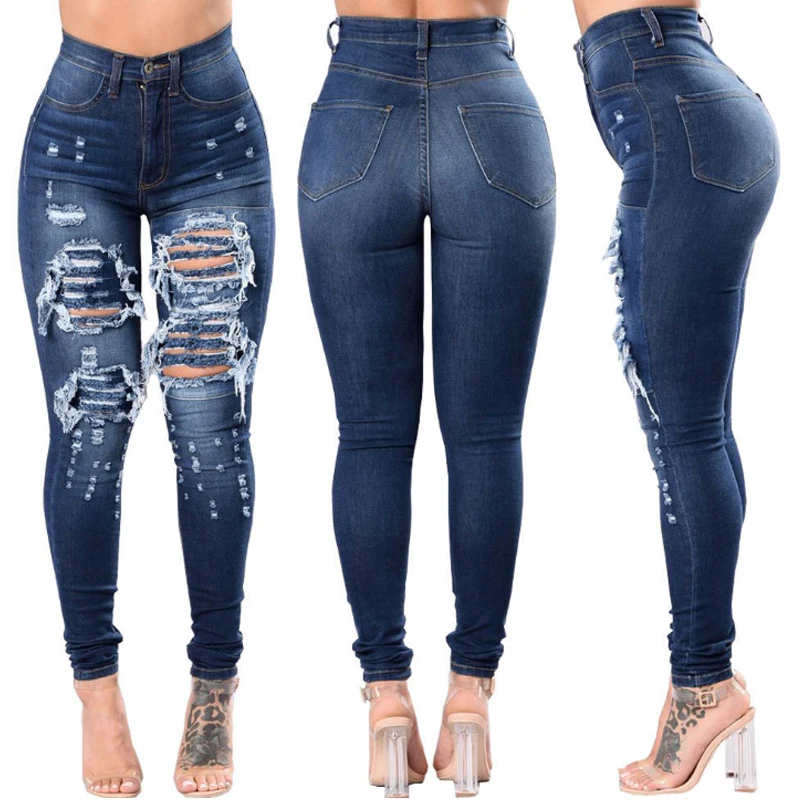 

2019European and American style sexy leg-pierced jeans Hole fashion pants women Slim fit women's trousers ripped, Blue