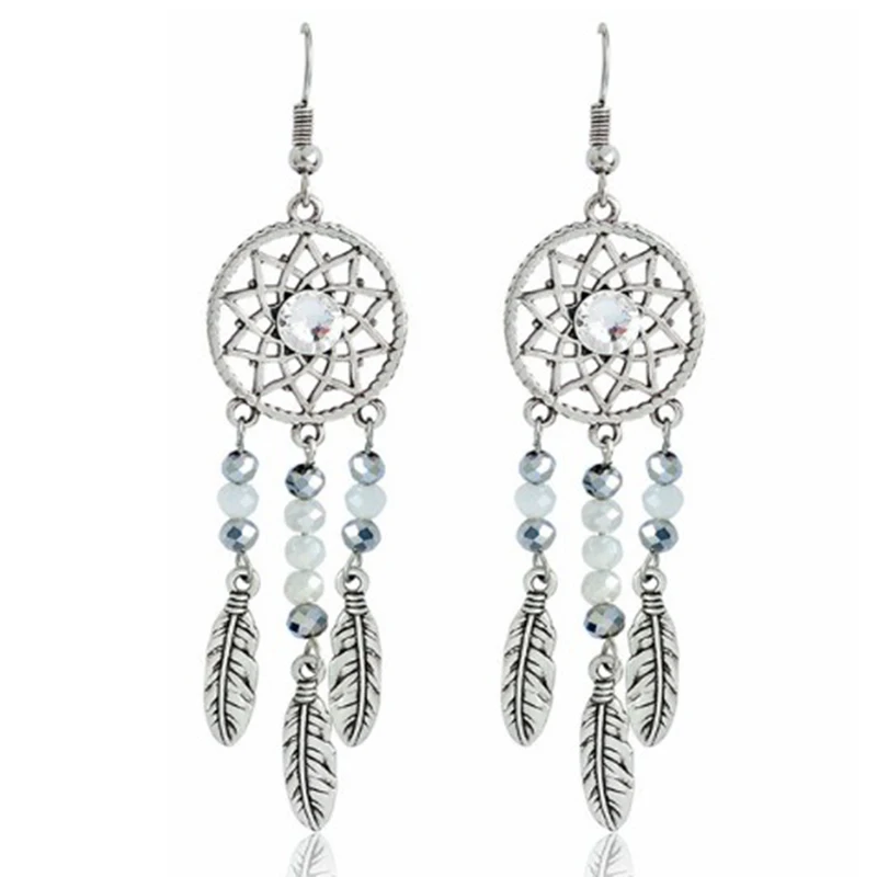 

QIHE Hollow Long Feather Leaves Dreamcatcher Charms Statement Earring Women Handmade Vintage BOHO Jewelry