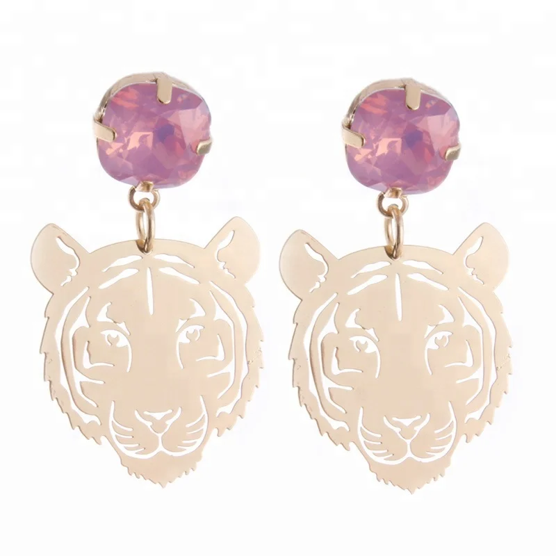 

NeeFu WoFu New women's fashion popular tiger head pendant copper earrings classic charm resin accessories jewelry, Pink