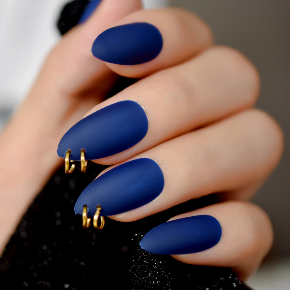 

Handmade False Nails Matte Double Alloy Loops Decorated Stiletto Press On Nails Custom Diamond Blue Manicure Tips, Blue matte nails
