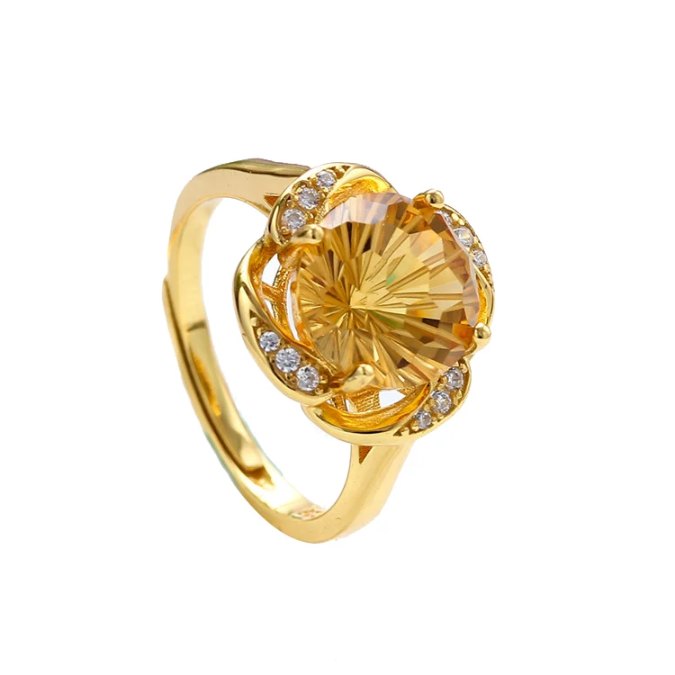 wholesale new fashion 925 sterling silver yellow gold plated flower 10mm citrine natural crystal ring women jewelry