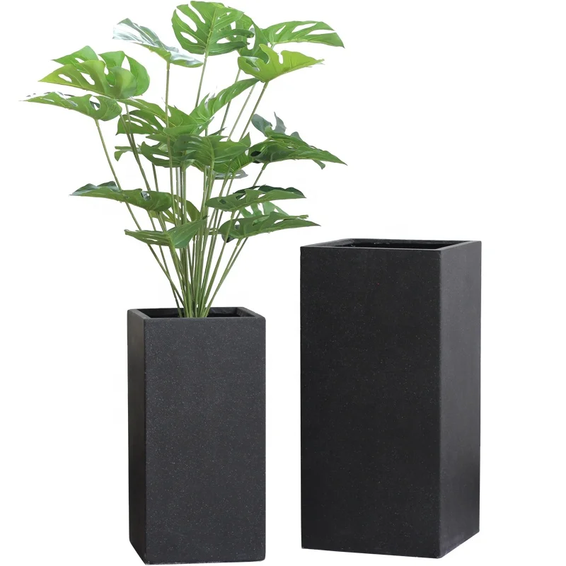 

Hand-brush square shape tall concrete flower planter pot in bulk with big size for home decor, Black with white dots