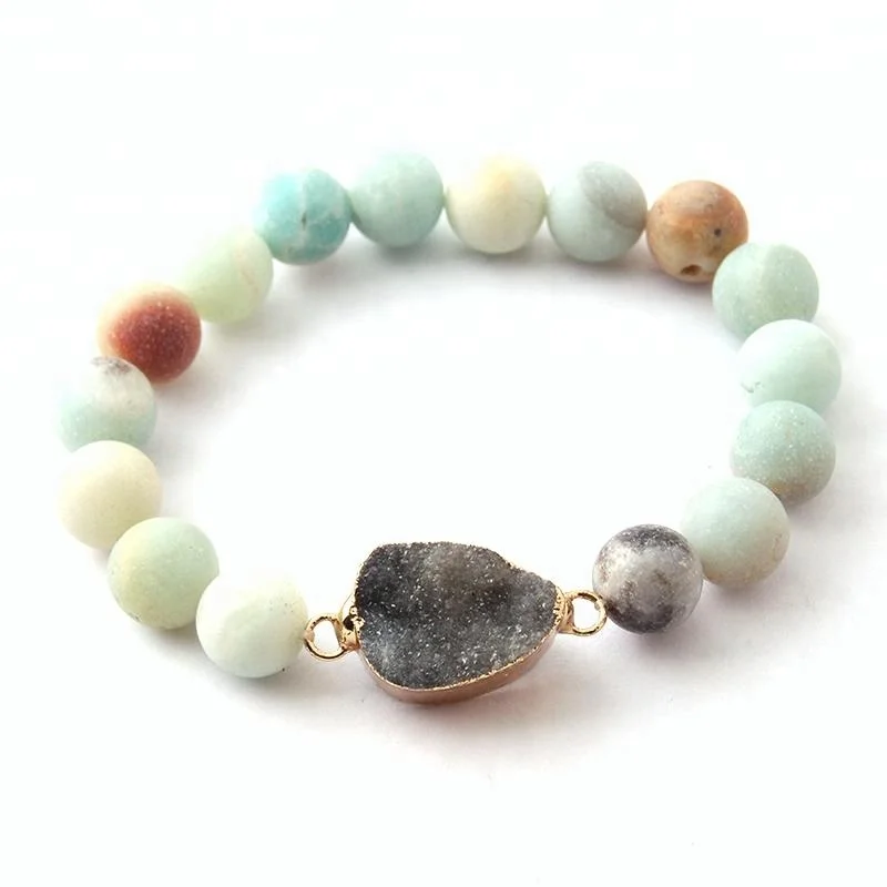 

Fashion Women 10mm Shiny or Matt Natural Amazonite Stone Dress Armban Druzy Bracelet