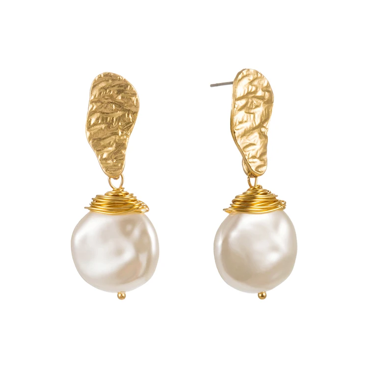 

Matte Gold Filled Irregular Alloy With Wire Wrap Baroque Pearl Drop Earrings For Women