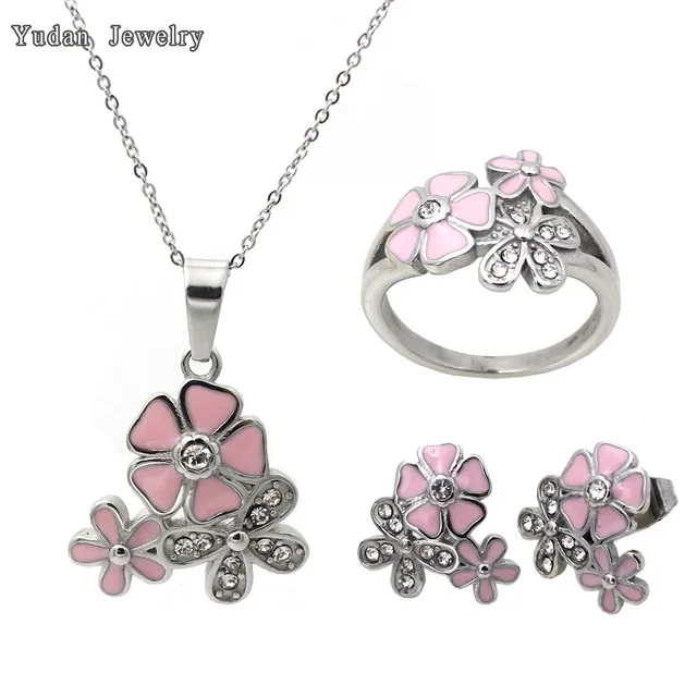 

Woman Jewelry Stainless Steel Cherry Blossom Wedding Jewelry Sets, Silver