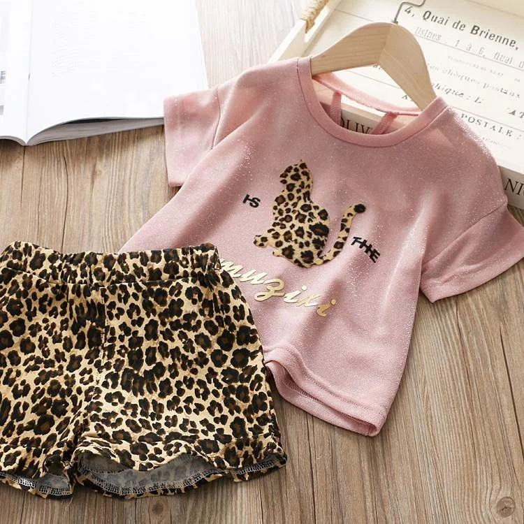 

summer girl clothes set Leopard Print cat kids clothing wholesale children clothes baby outfit baowp19538
