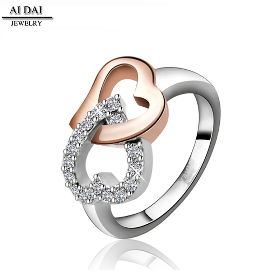 

Double Heart inlaid Rhinestone wedding bands ring 316L Stainless steel rings for women