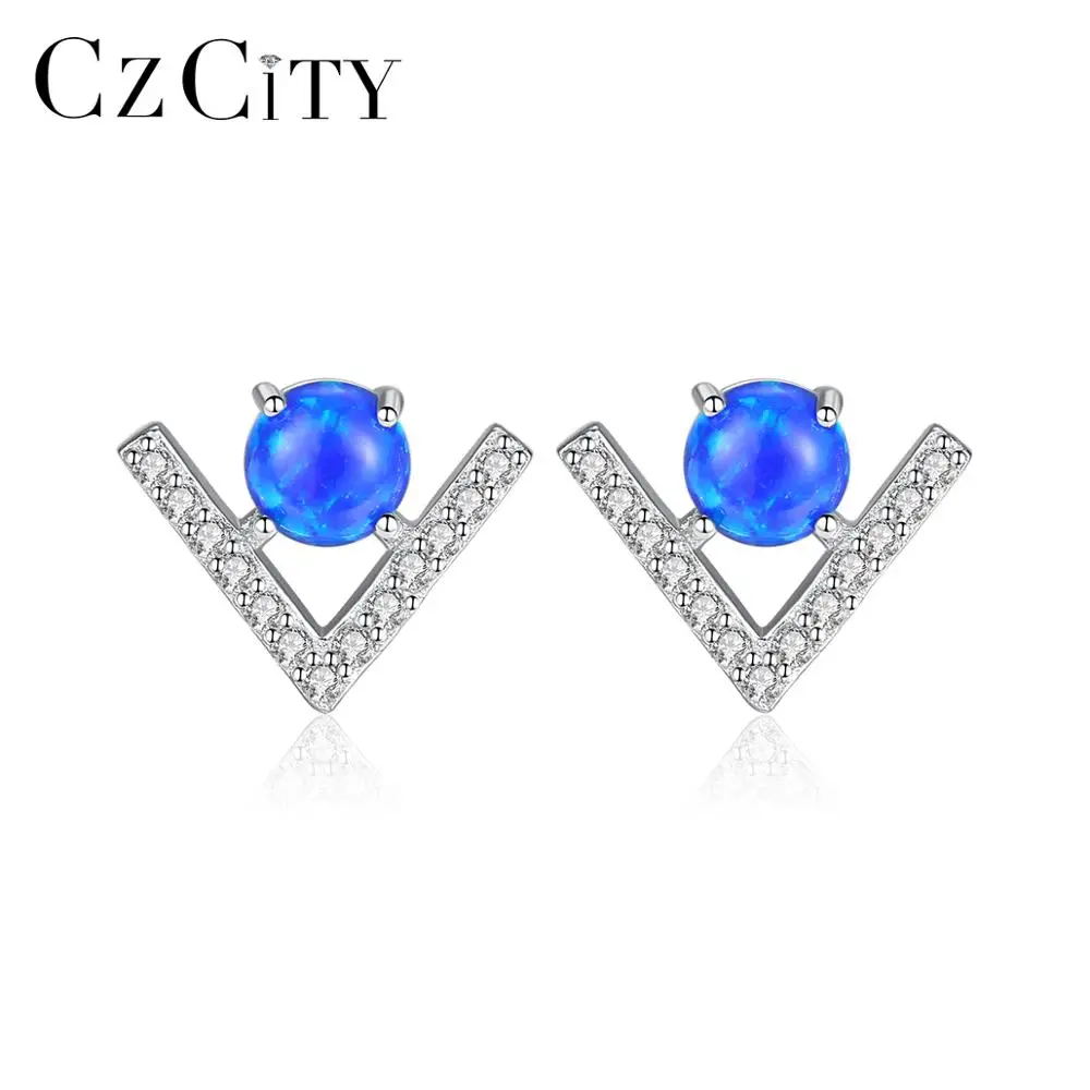 

CZCITY Opal Earrings V shape AAA Tiny CZ around Opal Earrings Silver Jewelry