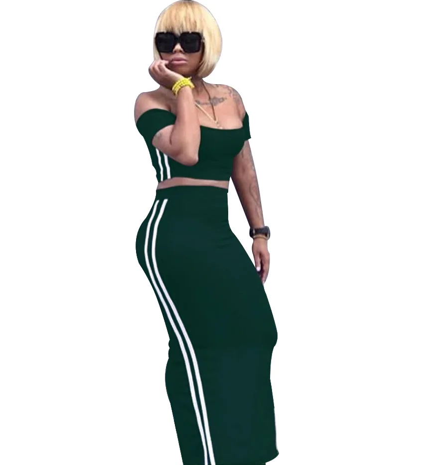 

FM-A8266 Factory direct sale Women crop top long skirt outfit two pieces bodycon dress set, Black, wine red, blue, dark green