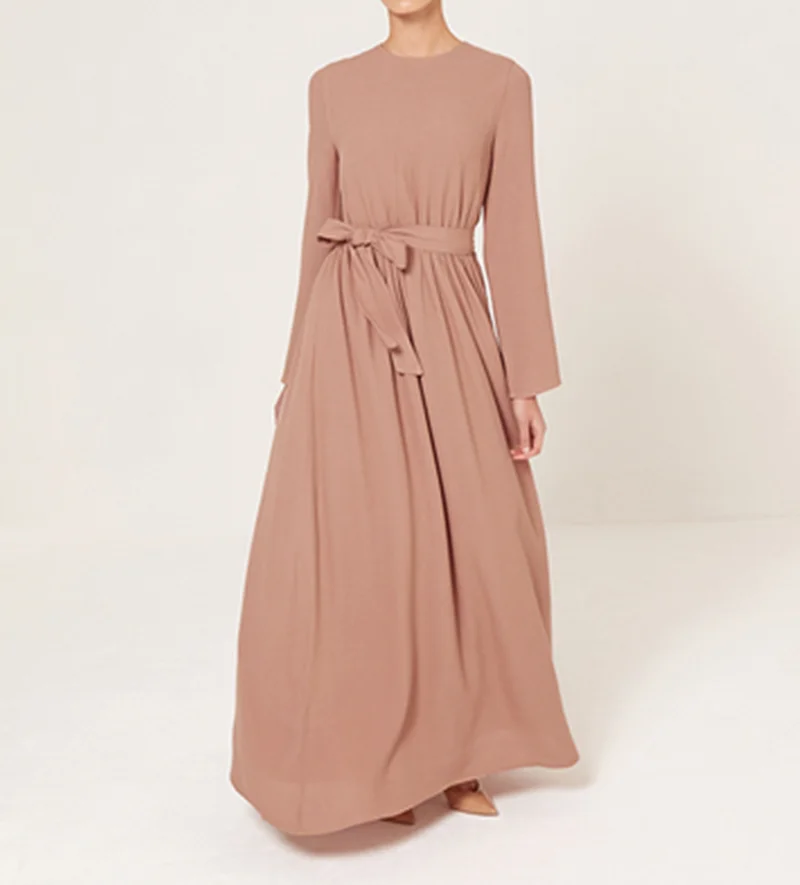 China Product Muslim Factory Belted Maxi Dress In Dusty Peach