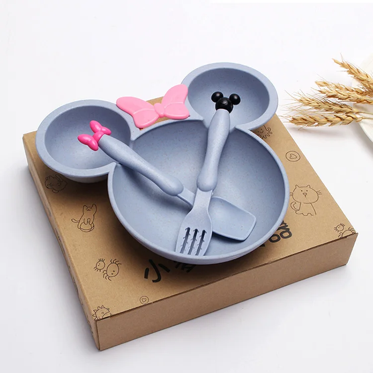 

2021 Amazon Hot Sale Children Cartoon Food Fruits Dinner Plate Wheat Straw Baby Dividant Tray Set
