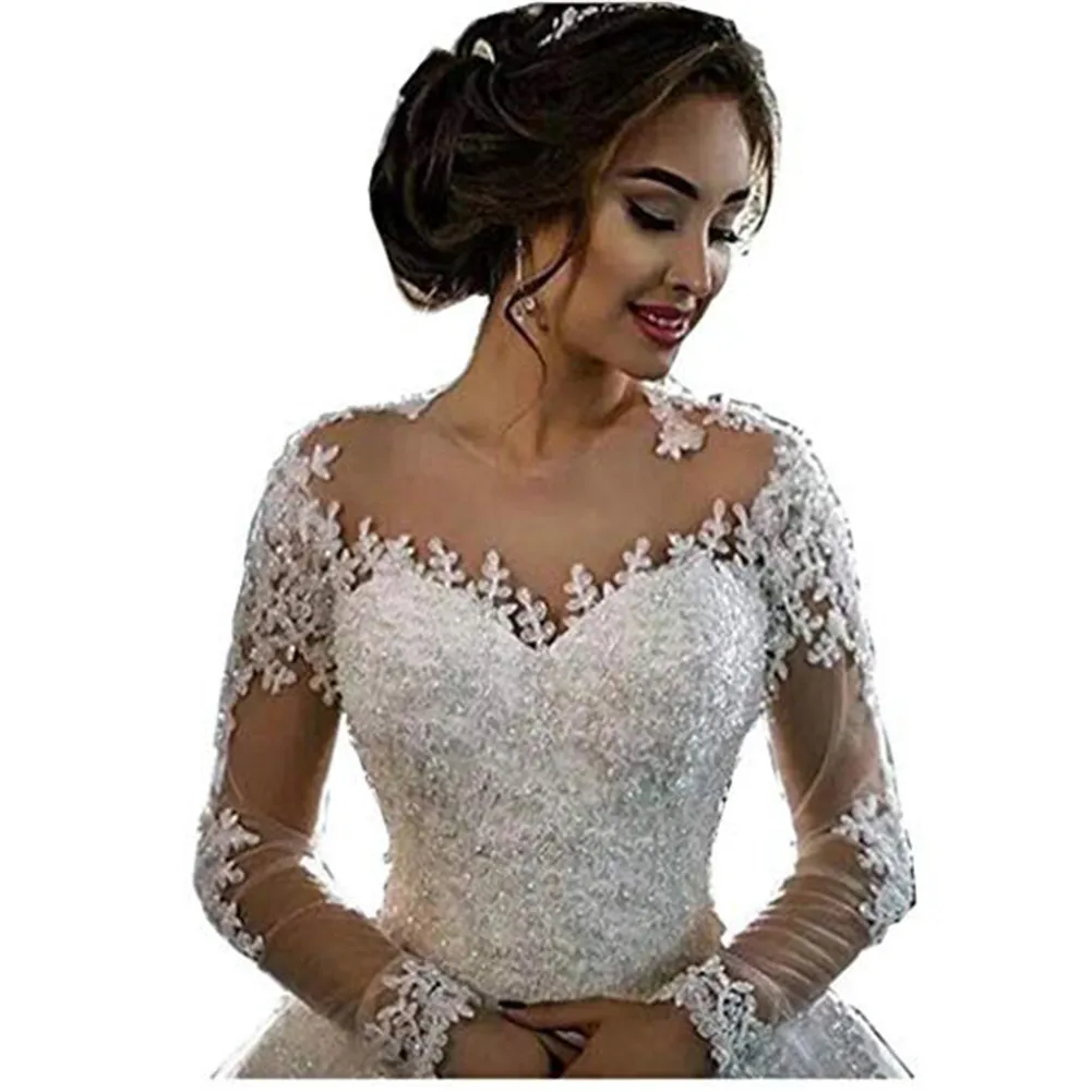 

Luxury Appliques Beaded Sequined Wedding Ball Gowns Long Sheer Lace Sleeve Bridal Dress with Count Train 2020 Vestido de novia, White