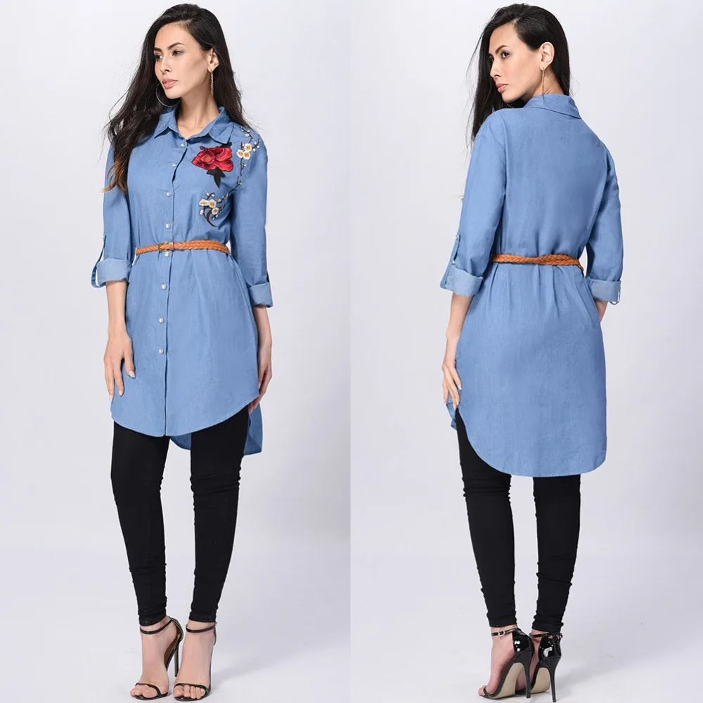 

The Fashion Plus Size European Embroidery New Pattern On Denim Ladies Blouse Women Shirt Tops With Belt, Blue