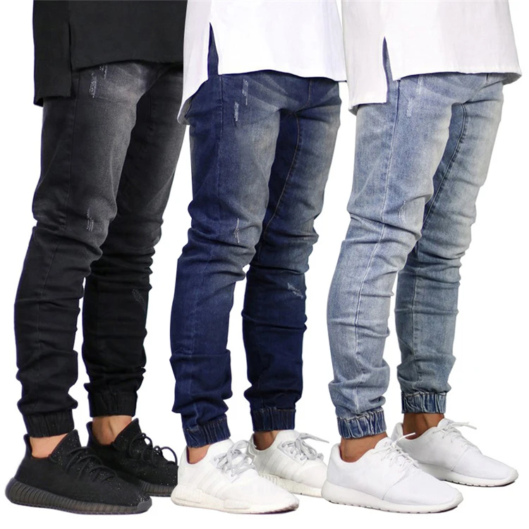 

New 2019 latest jeans model men slim jogger elastic bottom pant jeans for men, Black bule