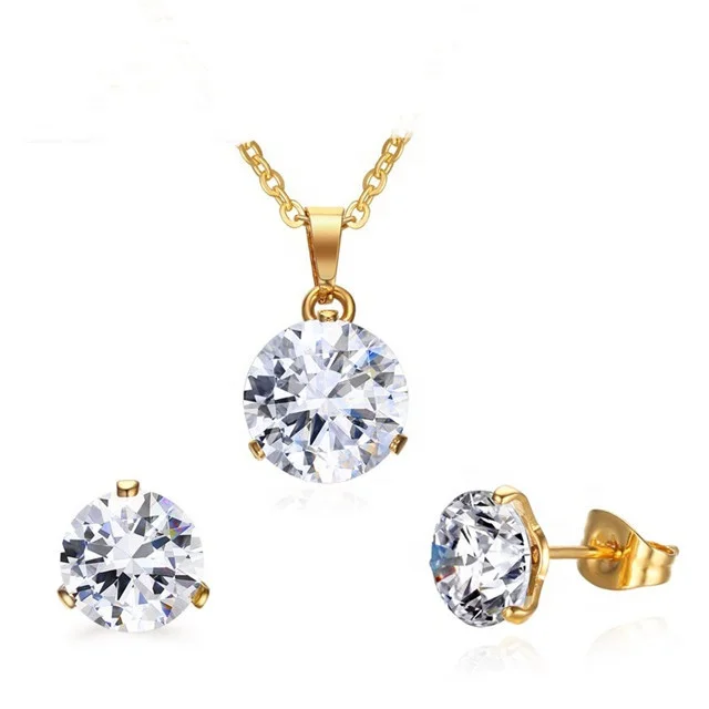 

3A Cubic Zircon Jewelry 316L Stainless Steel Gold Necklace Earring Diamond Jewelry Set