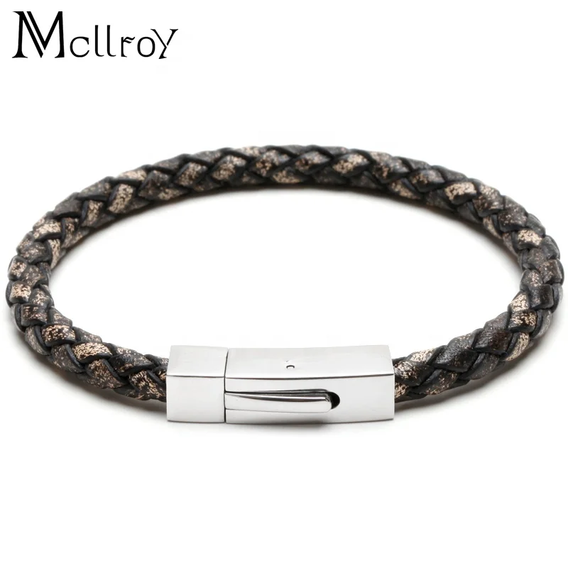 

Mcllroy Custom bracelet Titanium Steel Button Men Braided Genuine Leather Wrap Cuff Bracelets rope bracelet, Picture