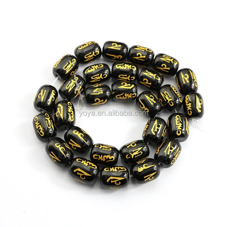 

AB0687 Gold Mantra Carved Black Agate Barrel Beads,Tibetan om mantra etched black agate barrel beads