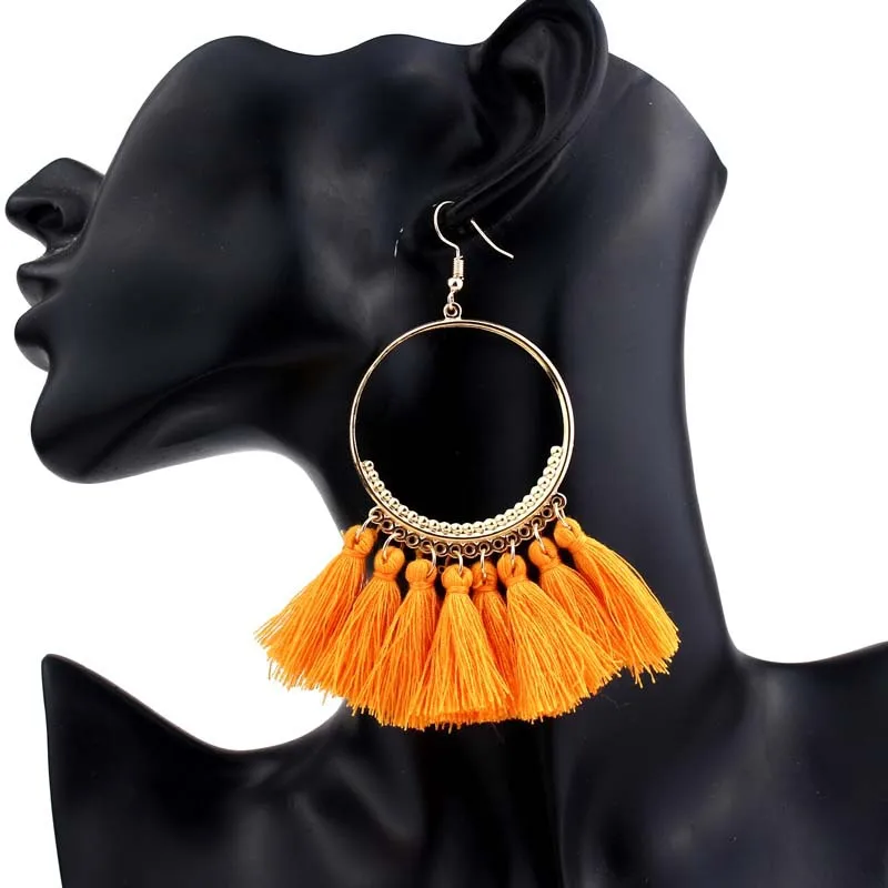 

Trendy Bohemian Multicolor Cotton Rope Big Circle Tassel Earrings Orange Fringe Tassel Hoop Earrings for Women