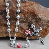 

Fimo rose glory beads with 6mm pearl beads rosary necklace for baby's baptized