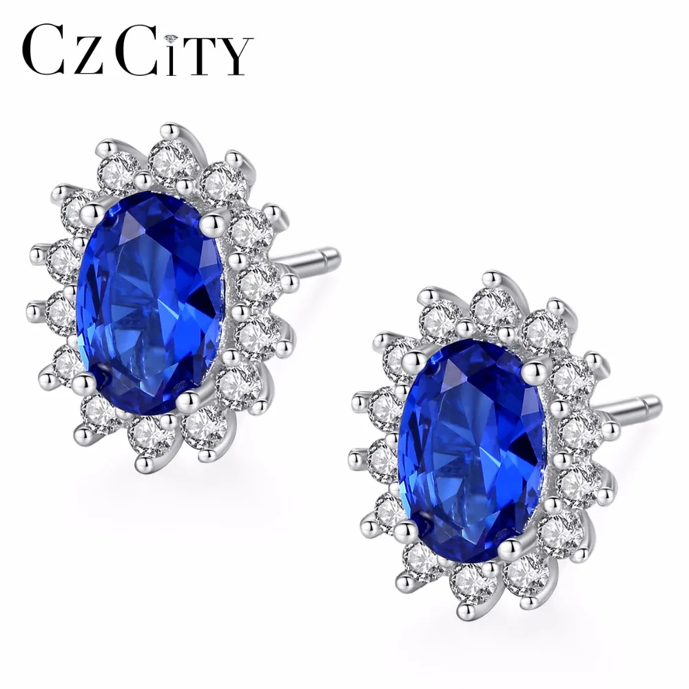 

CZCITY Unique Design Created Blue Sapphire Stud Earrings 925 Sterling Silver Fine Jewelry Statement Earring