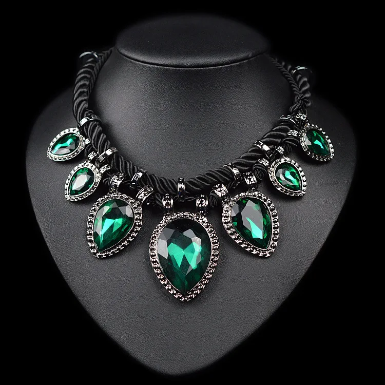 

Popular exaggeration hand-woven hemp rope drop shaped gem necklace