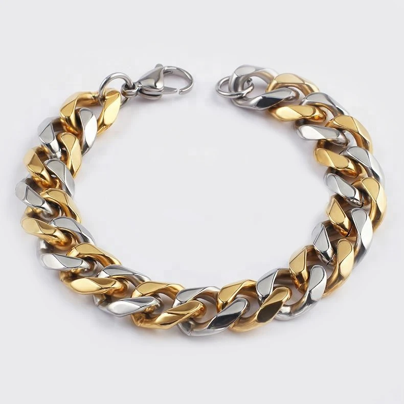 

OUMI Mens Gold Plated 316L Stainless Steel 15mm Cuban Curb Link Chain Bracelet, Picture