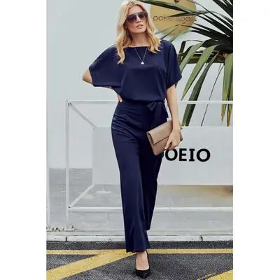 

European and American jumpsuit female summer high waist slim trousers wide leg loose round neck short sleeve new jumpsuit