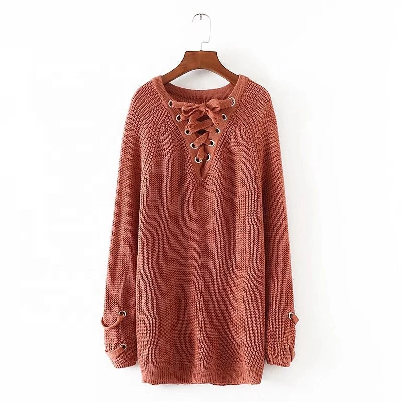 

Women's Lace Up Front V Neck Knit Mini Dress Top Pullover Sweater, Picture