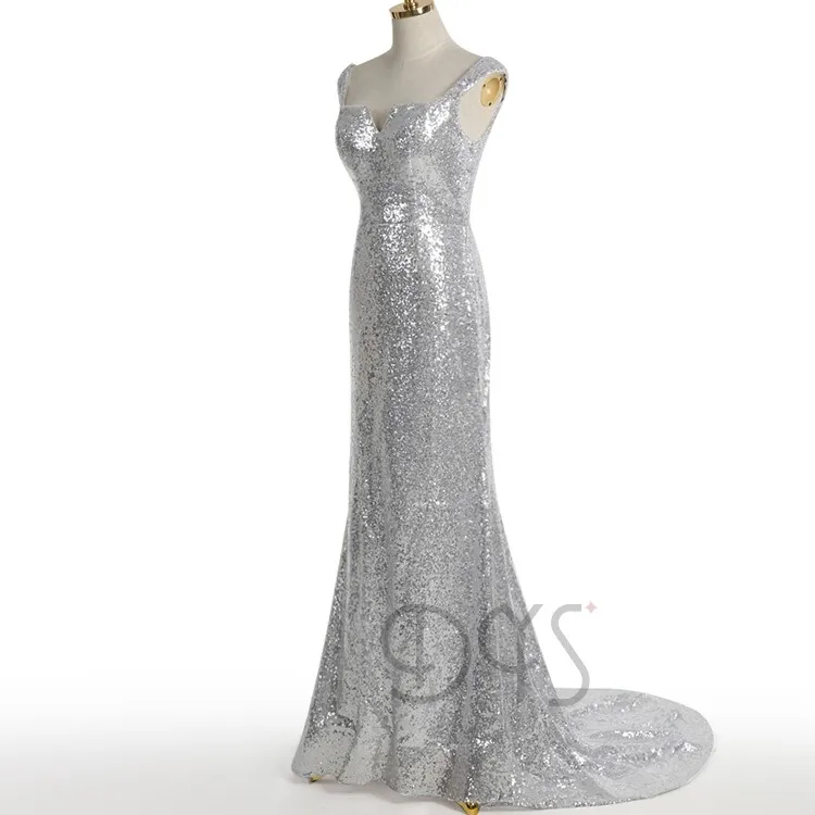 

Shiny Silver Long Sheath Sexy Sequined Evening Gowns for Ladies, Sliver and customized colors