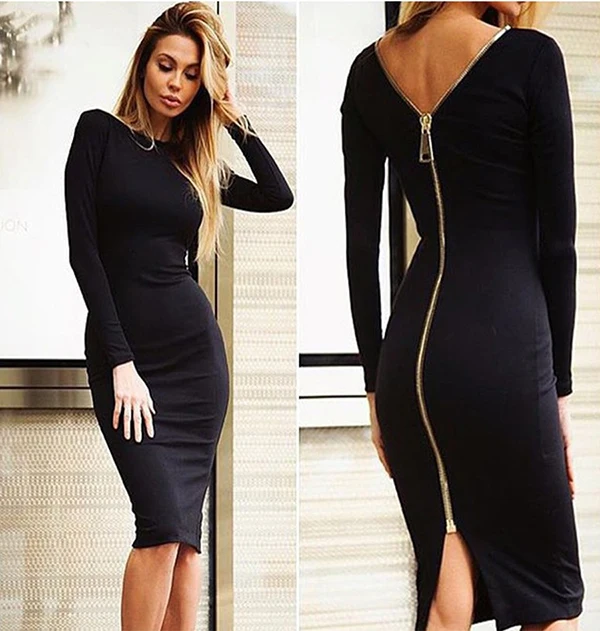 Sexy Ladies Clothing Long Sleeve Spandex Zipper Back Club Women Dresses