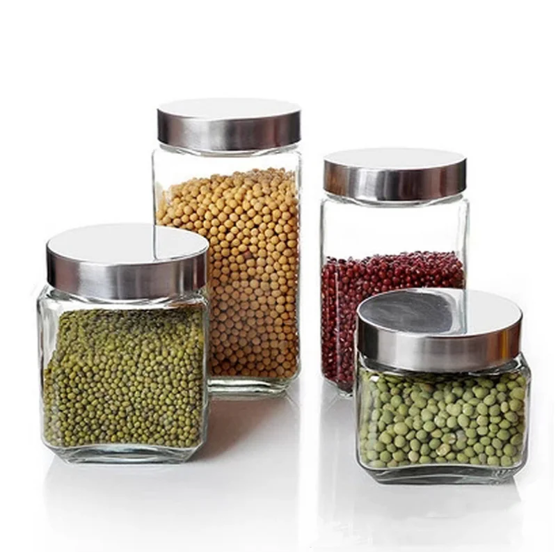 
Glass Canister And Spice Jar Set Kitchen Storage Stainless Jars Lids New 