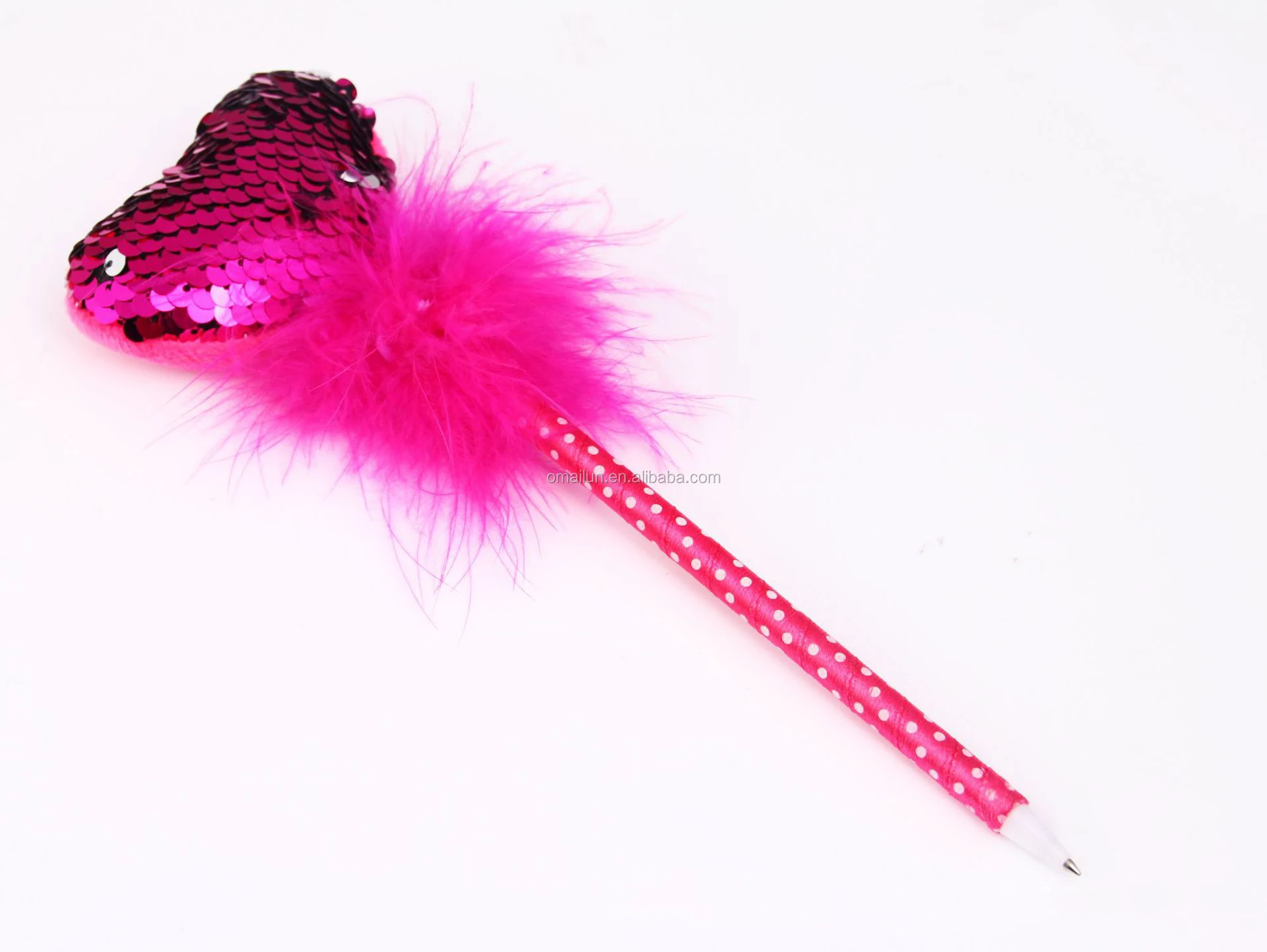 Promotional bling sequin heart shape ball pen, hearts ball pens with pink feather pen