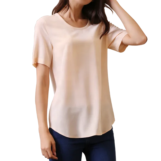 Wholesale Pure Silk Basic Solid Short Sleeve Round Neck Whole Silk T ...